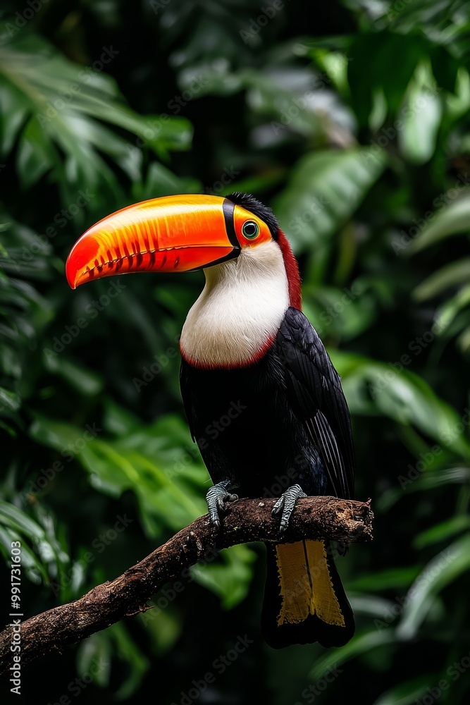 Fototapeta premium Vibrant Toucan Perched in Lush Green Jungle Exotic Avian Beauty in Tropical Paradise