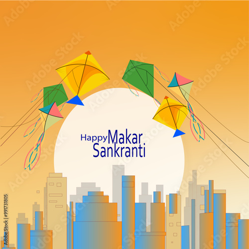 Creative cityscape on string spool illustration of Happy Makar Sankranti holiday India festival