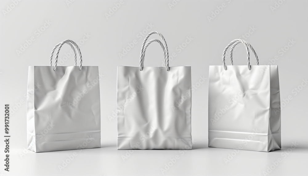 Mockup of three white paper gift bags on white background Mockup of three white paper gift bags on white background