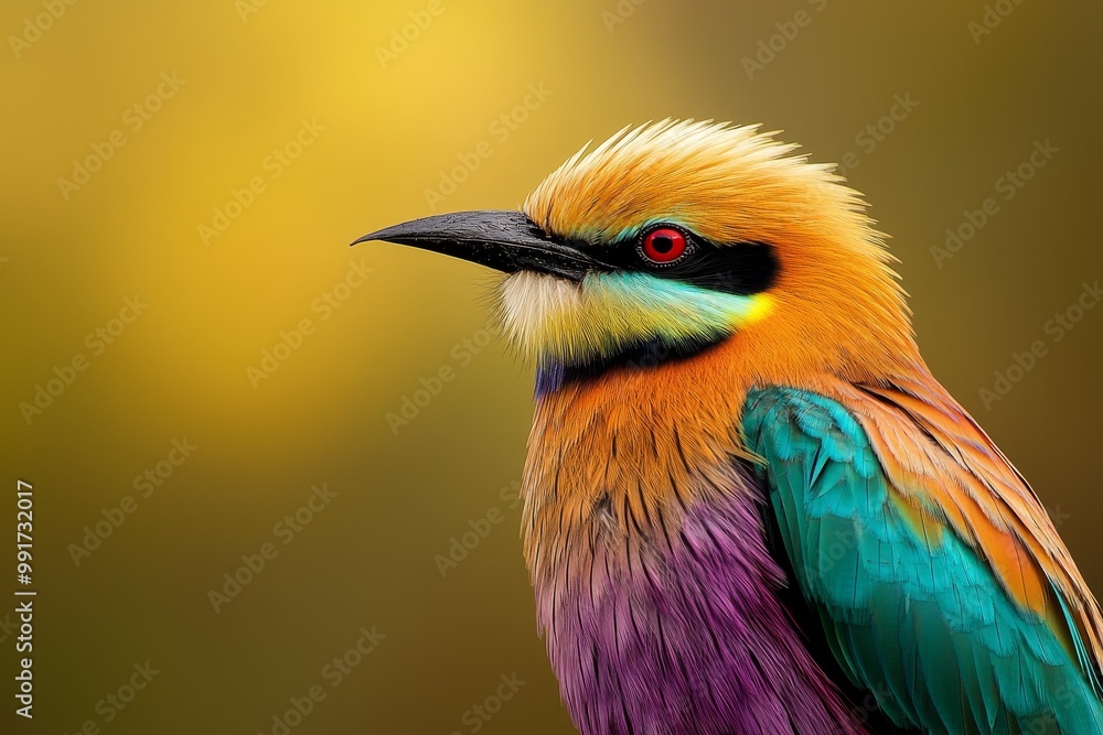 Obraz premium Vibrant Avian Elegance Detailed Bird Close-Up in Golden Light, Tranquil Forest Setting