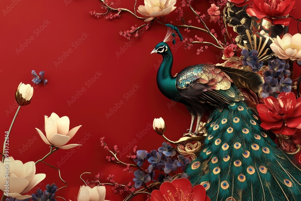 Elegant 3D Render of a Peacock Among Blooming Flowers for Poster or Card Design Elegant 3D Render of a Peacock Among Blooming Flowers for Poster or Card Design