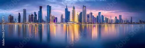 Twilight Cityscape with Illuminated Skyscrapers Reflecting on Serene Waters in Urban Night Scene