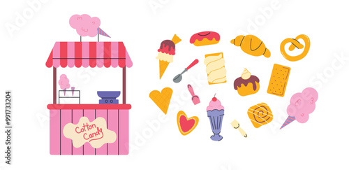 Doodle sweets and desserts set. Cotton candy, ice cream, buns, donut, croissant, cinnamon and cookies. Pastry shop counter. Cartoon vector stickers 