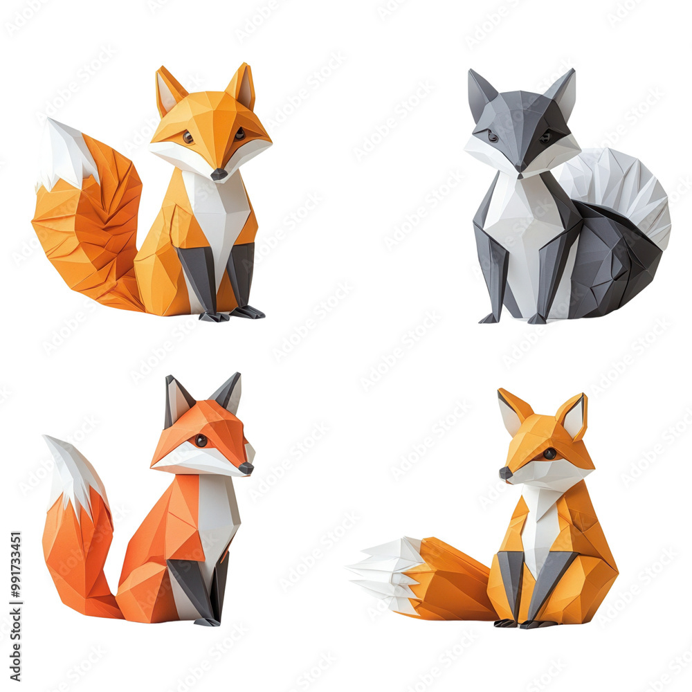 Obraz premium Set of four geometric fox illustrations in bright colors, showcasing unique and modern low poly art style.