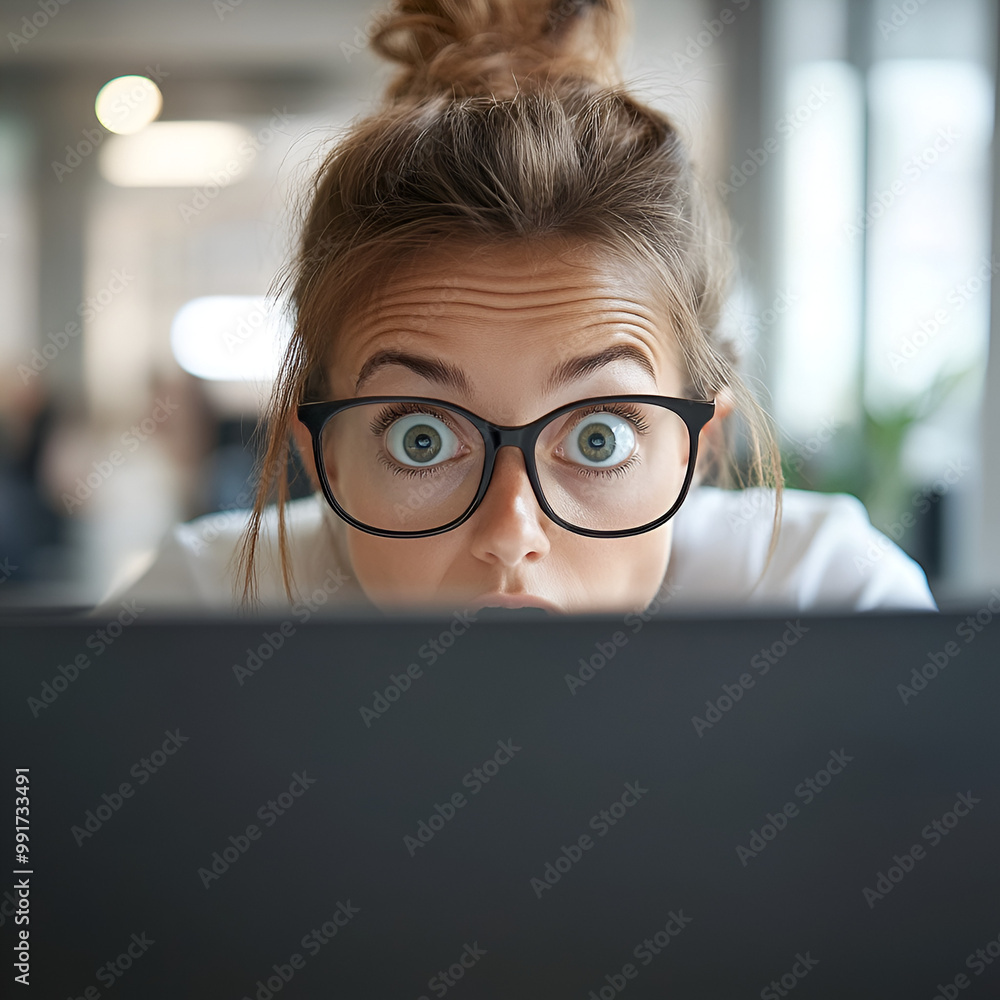 surprised wide-eyed accountant looking at camera from behind their computer monitor surprised wide-eyed accountant looking at camera from behind their computer monitor