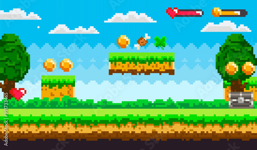 A pixel art scene of a platform game with floating platforms, coins, hearts, trees, and various obstacles against a blue sky with clouds. Ideal for video games, retro styling, pixel art, game design