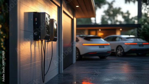 Concept of a home battery packs alternative electric energy storage system at modern home garage wall as backup or sustainable energy concepts.