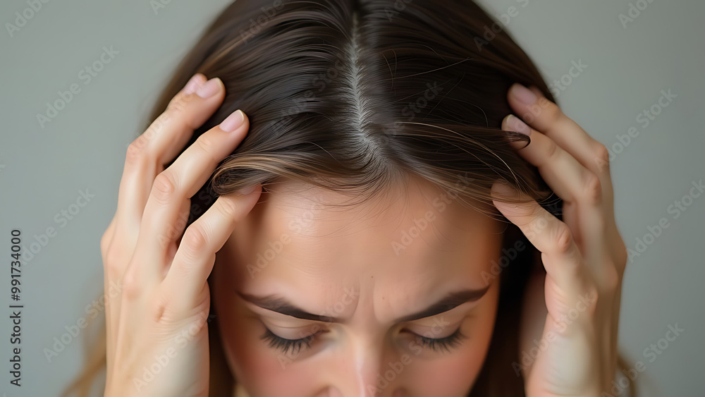 Fototapeta premium woman with headache. A close-up of a woman's hands touching her hair shows signs of thinning and sparse patches on the crown