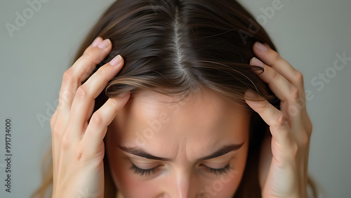 woman with headache. A close-up of a woman's hands touching her hair shows signs of thinning and sparse patches on the crown 