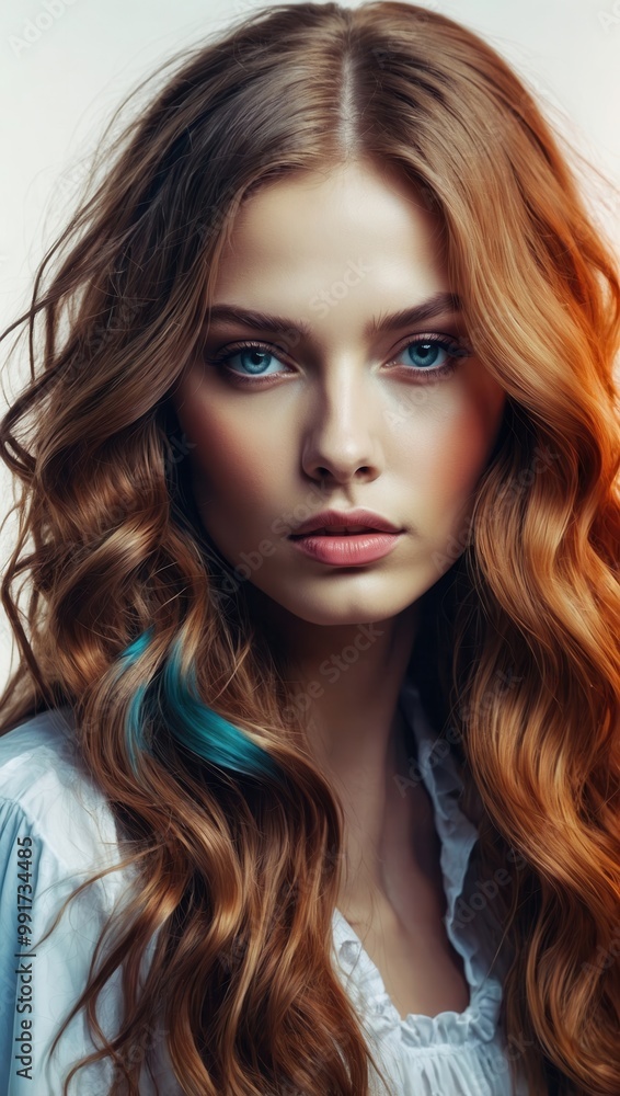 Obraz premium Portrait of woman with long wavy red hair and neutral expression in soft lighting