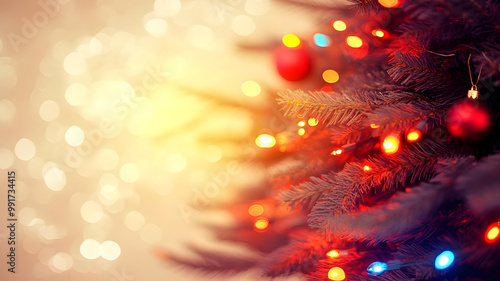 blurry background with lights and christmas tree, red yellow purble orange colors photo