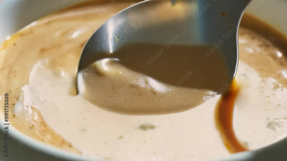 A spoon dips into a bowl filled with a smooth and creamy dessert sauce, highlighting its rich color and inviting consistency in a cozy kitchen environment A spoon dips into a bowl filled with a smooth and creamy dessert sauce, highlighting its rich color and inviting consistency in a cozy kitchen environment