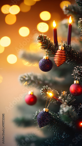 blurry background with lights and christmas tree, red yellow purble orange colors photo