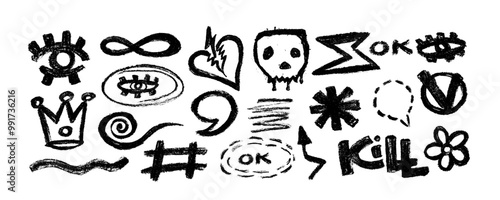 Set with charcoal graffiti doodle punk and girly shapes . Hand drawn abstract scribbles and squiggles, creative various shapes, charcoal drawn icons.