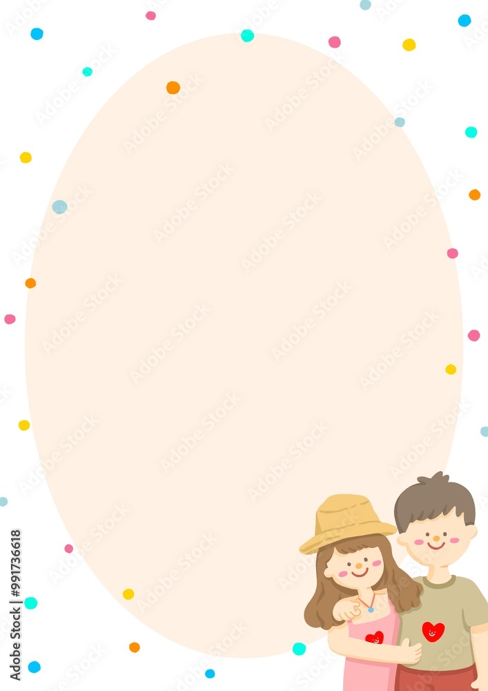 a couple are hugging with colorful dots glitter sprinkle and orange background, Valentines day wallpaper template. a couple are hugging with colorful dots glitter sprinkle and orange background, Valentines day wallpaper template.