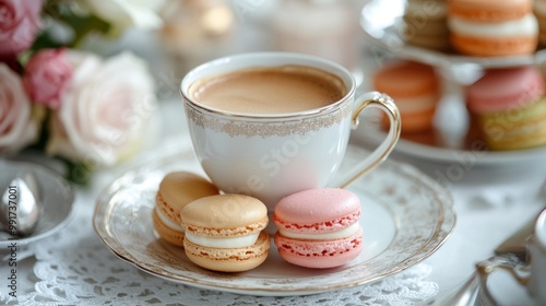 Indulge in delightful macarons paired with fragrant coffee during a charming afternoon tea on a beautifully set table