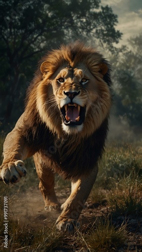 Man fleeing from a roaring lion in a dramatic scene.