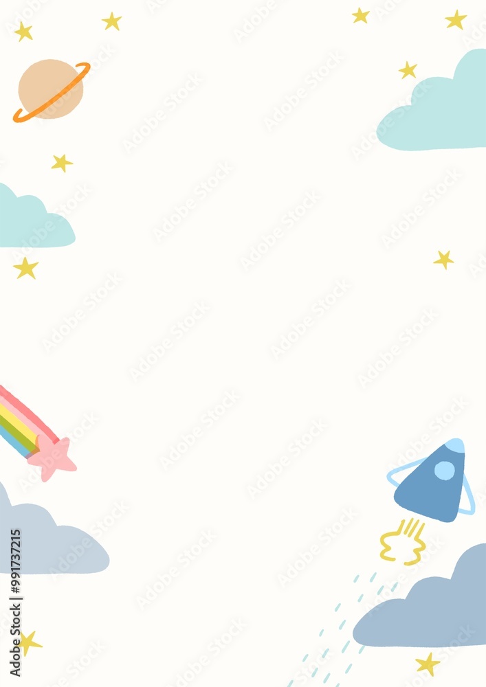 cute stars , little rainbow, blue cloud, spaceship, planet in sky , landscapes frame template. cute stars , little rainbow, blue cloud, spaceship, planet in sky , landscapes frame template.