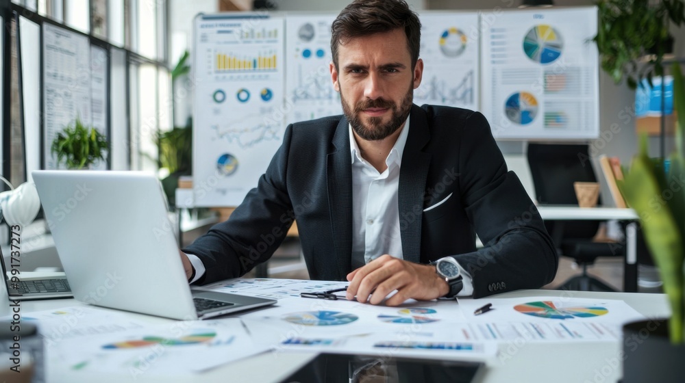 Marketer or analityc manager team dressed in suits working with paper charts and laptops at the white office interior Marketer or analityc manager team dressed in suits working with paper charts and laptops at the white office interior