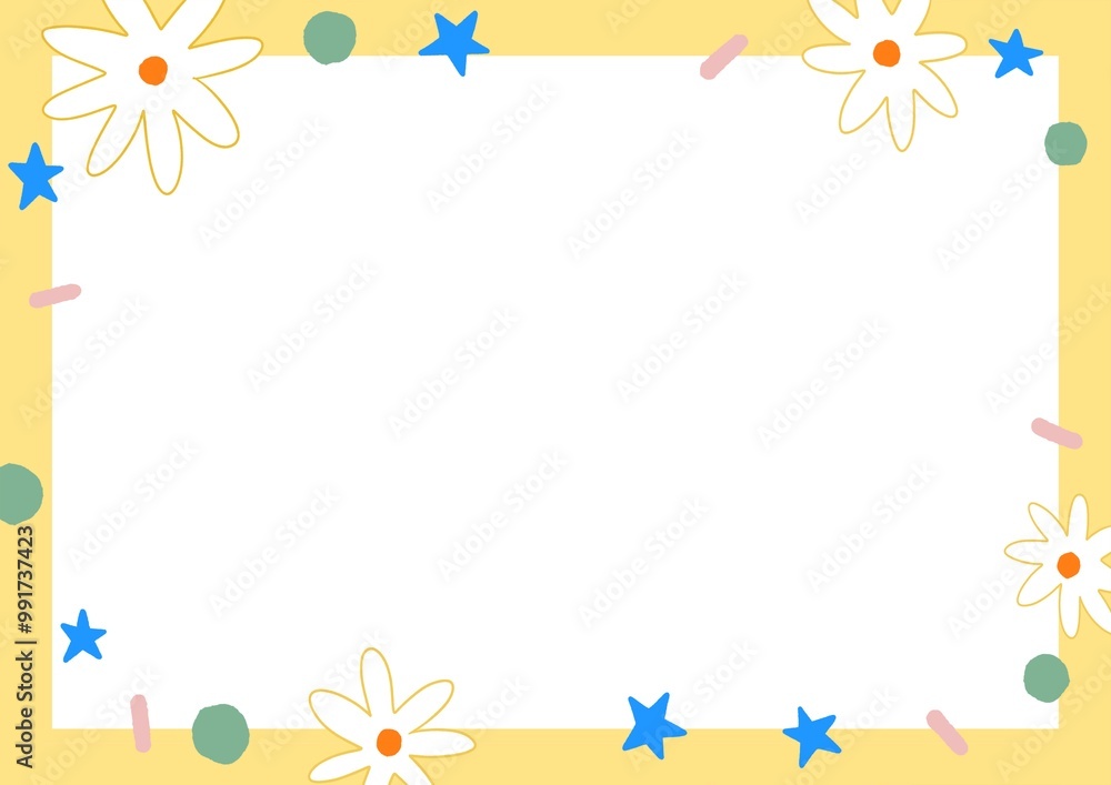 little daisy flowers with blue stars and glitter sprinkle on yellow frame template, illustration frame card little daisy flowers with blue stars and glitter sprinkle on yellow frame template, illustration frame card