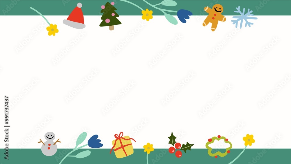 christmas stuff decoration ,snowman, gift, snowflake , flowers, gingerbread, christmas tree and garland with green frame, illustration paper card template