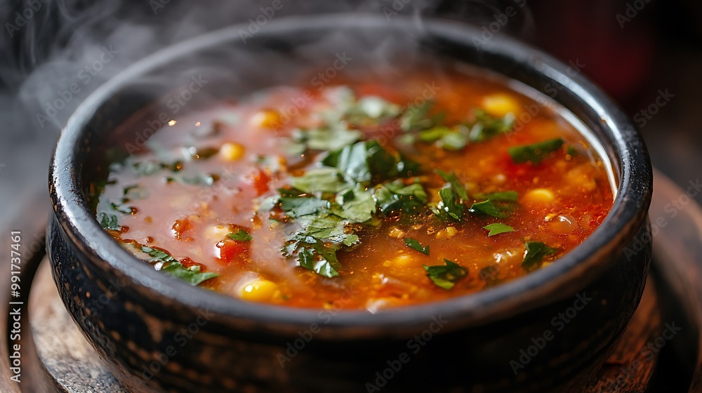 A steaming bowl of red lentil soup with fresh parsley garnish. A steaming bowl of red lentil soup with fresh parsley garnish.