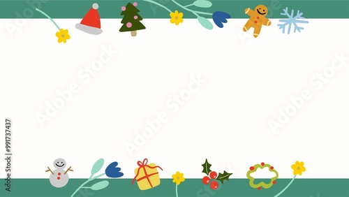 christmas stuff decoration ,snowman, gift, snowflake , flowers, gingerbread, christmas tree and garland with green frame, illustration paper card template