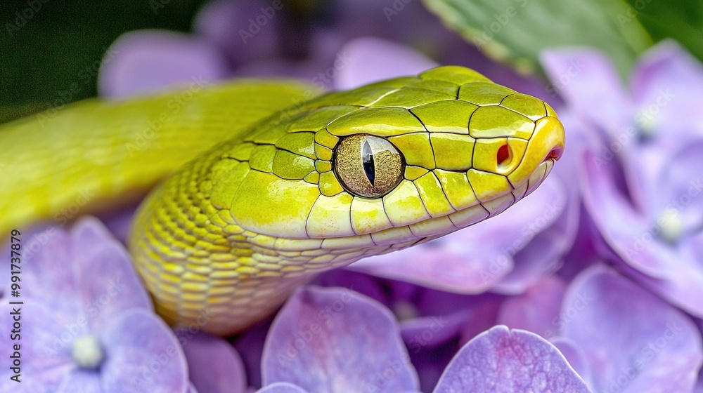 Fototapeta premium A yellow snake's head sits atop a purple flower against a backdrop of purple blooms