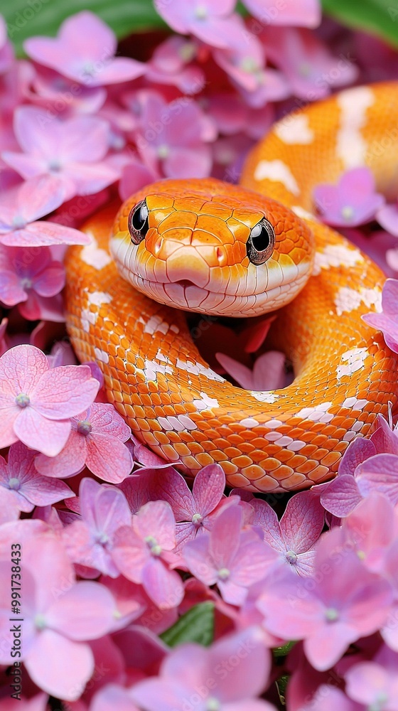 Obraz premium A close-up of a snake lying on a bed of pink flowers, with a green leaf in the background
