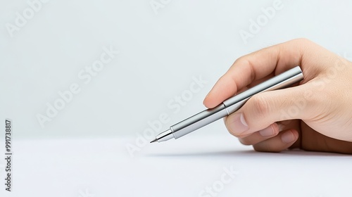 Elegant Hand Holding Silver Pen on White Surface