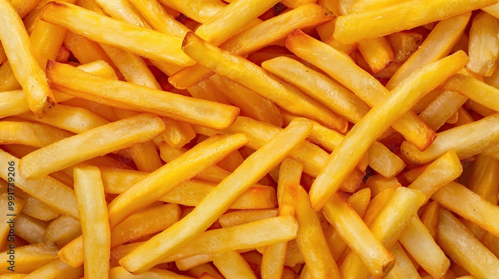 A close-up of a heap of crispy, golden French fries. Ideal for showcasing delicious fast food snacks and tempting lunch options on a menu. A close-up of a heap of crispy, golden French fries. Ideal for showcasing delicious fast food snacks and tempting lunch options on a menu.
