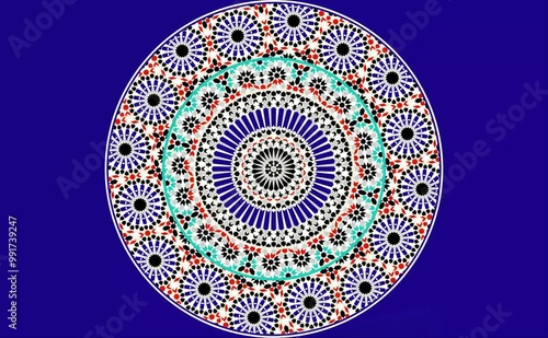 Moving hypnotic Arabic pattern mosaic video illustration, on a marine background. Seamless spiral and slow rotation. Red, blue and turquoise colors. Video animation vector 4K  