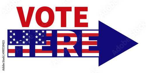 Patriotic voting sign with the words VOTE HERE with an arrow. The design includes stars and stripes representing the American flag.