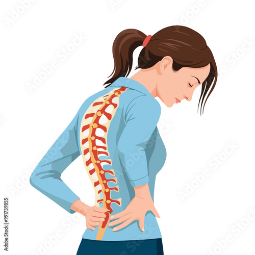 A woman with back pain, spinal pain and chronic discomfort, seeking relief. PNG
