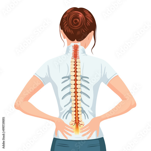 A woman with back pain, spinal pain and chronic discomfort, seeking relief. PNG
