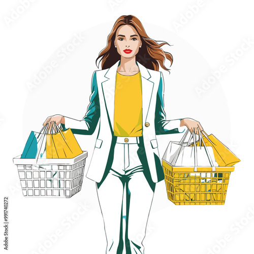 A woman with shopping bags and hampers, PNG 