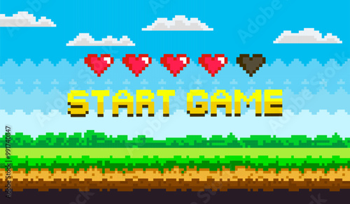 Pixel art style with five pixelated hearts and yellow text reading Start Game against a landscape. Ideal for video games retro themes nostalgic displays pixel art presentations and classic gaming