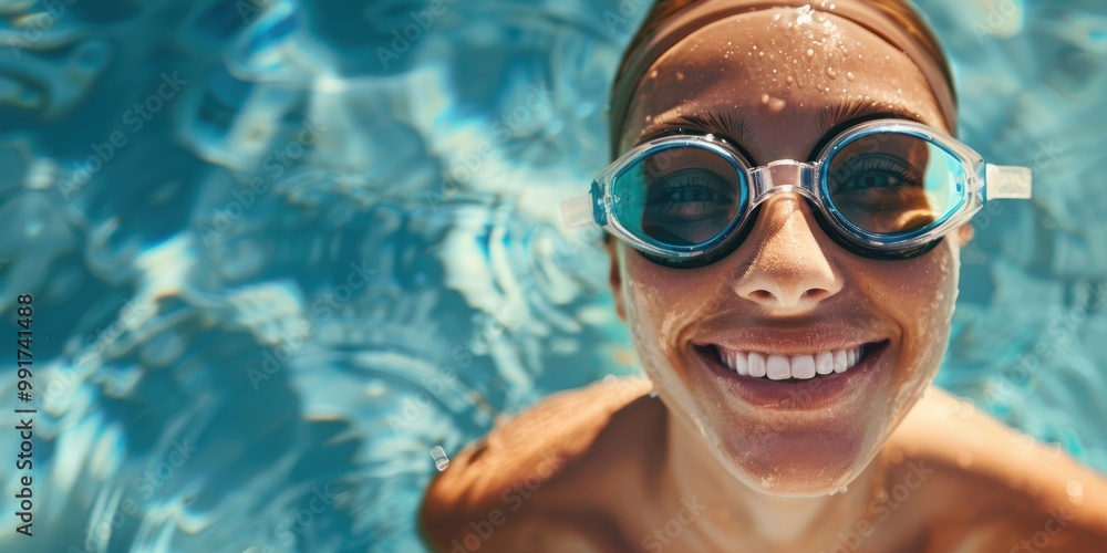 Fototapeta premium Portrait of a joyful woman in goggles by a swimming pool, showcasing fitness, training, and confidence in sports and wellness