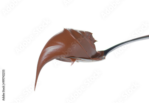 spoon of chocolate hazelnut paste macro on isolation
