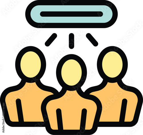 Three businessmen are standing under a symbol representing a common goal, showing teamwork and collaboration