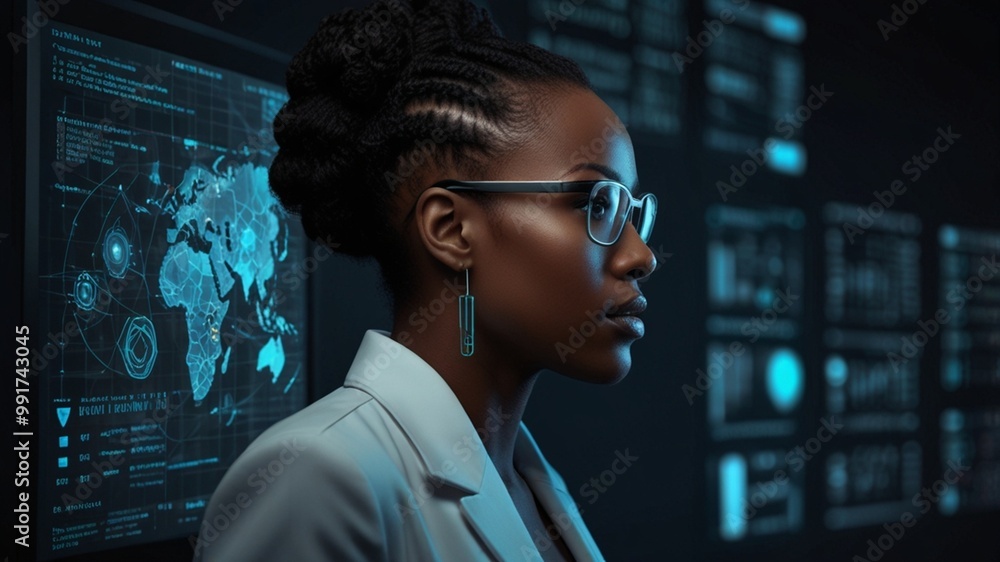 An example of an AI cyber security threat African American woman working as an IT specialist who analyzes data in the areas of copy space, augmented reality, and artificial intelligence collage. An example of an AI cyber security threat African American woman working as an IT specialist who analyzes data in the areas of copy space, augmented reality, and artificial intelligence collage.