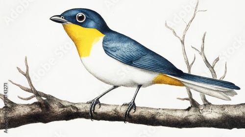 Blue and Yellow Bird Perched on a Branch - Vintage Illustration