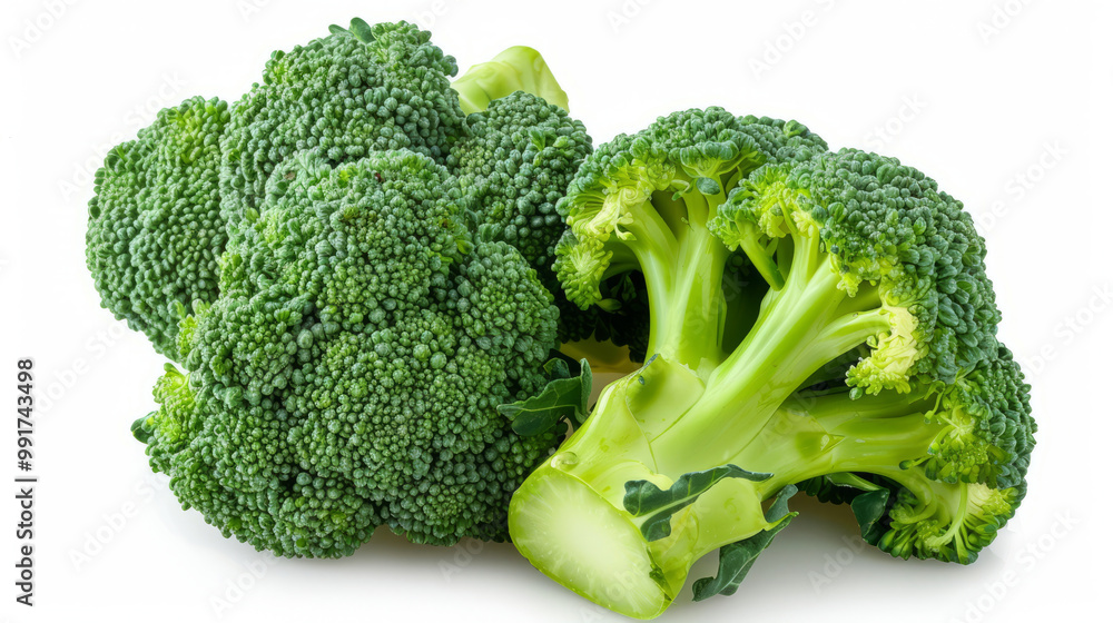 Fresh farm green broccoli on white background. Vegetarian ingredients for proper nutrition Fresh farm green broccoli on white background. Vegetarian ingredients for proper nutrition
