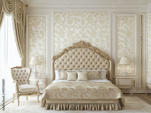 Beige Bedroom with Intricate Headboard and Curtains