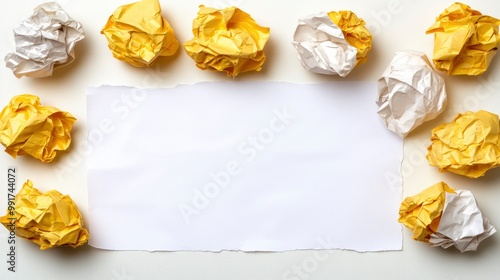 Crumpled Paper Balls Surrounding a Blank White Sheet