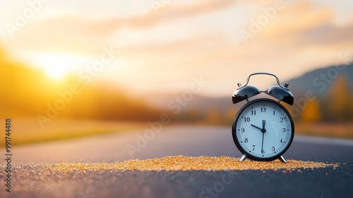 Alarm Clock on Road at Sunrise with Warm Light