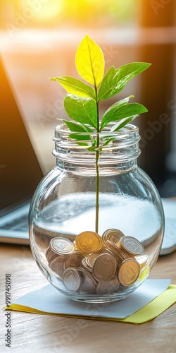 A green plant sprouting from a jar of coins, symbolizing growth, investment, and financial prosperity in a modern setting. photo