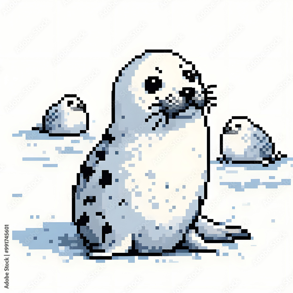 Naklejka premium 흰 배경, 하프물범, 픽셀아트 (White background, half seal, pixel art)