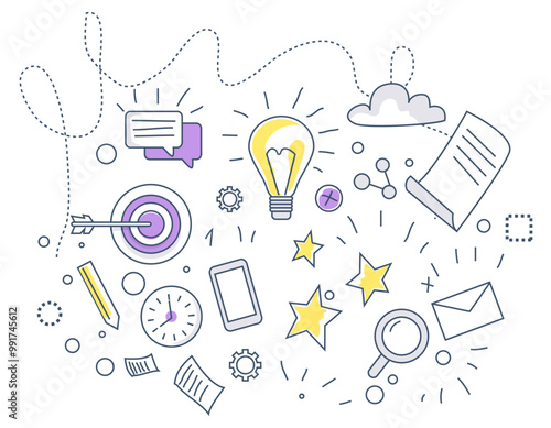 Illustration with lightbulb, target, clock, stars, and other creative elements in yellow, gray, and purple colors. For innovation productivity, brainstorming, teamwork, and project planning.