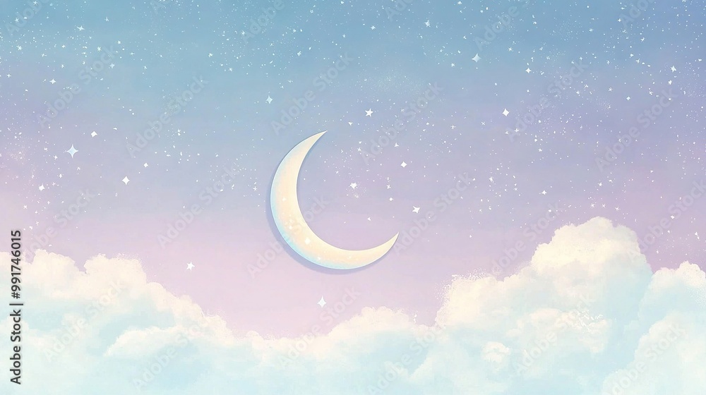 A crescent moon in the sky, surrounded by stars and clouds A crescent moon in the sky, surrounded by stars and clouds